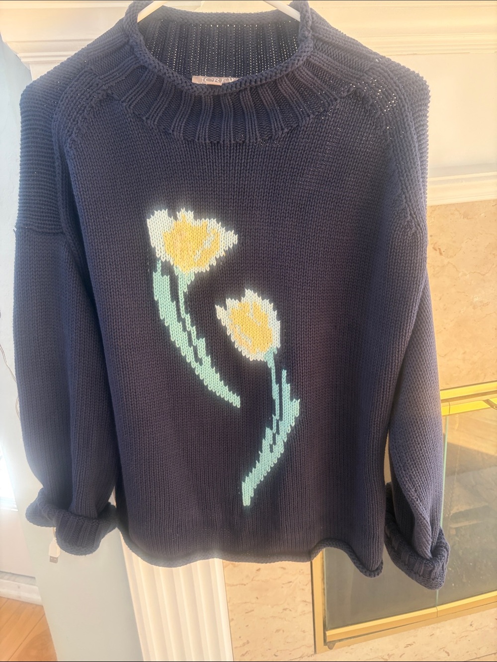 J. Crew Tulip Intarsia Navy Rollneck Sweater with Yellow & Mint Flower Motif